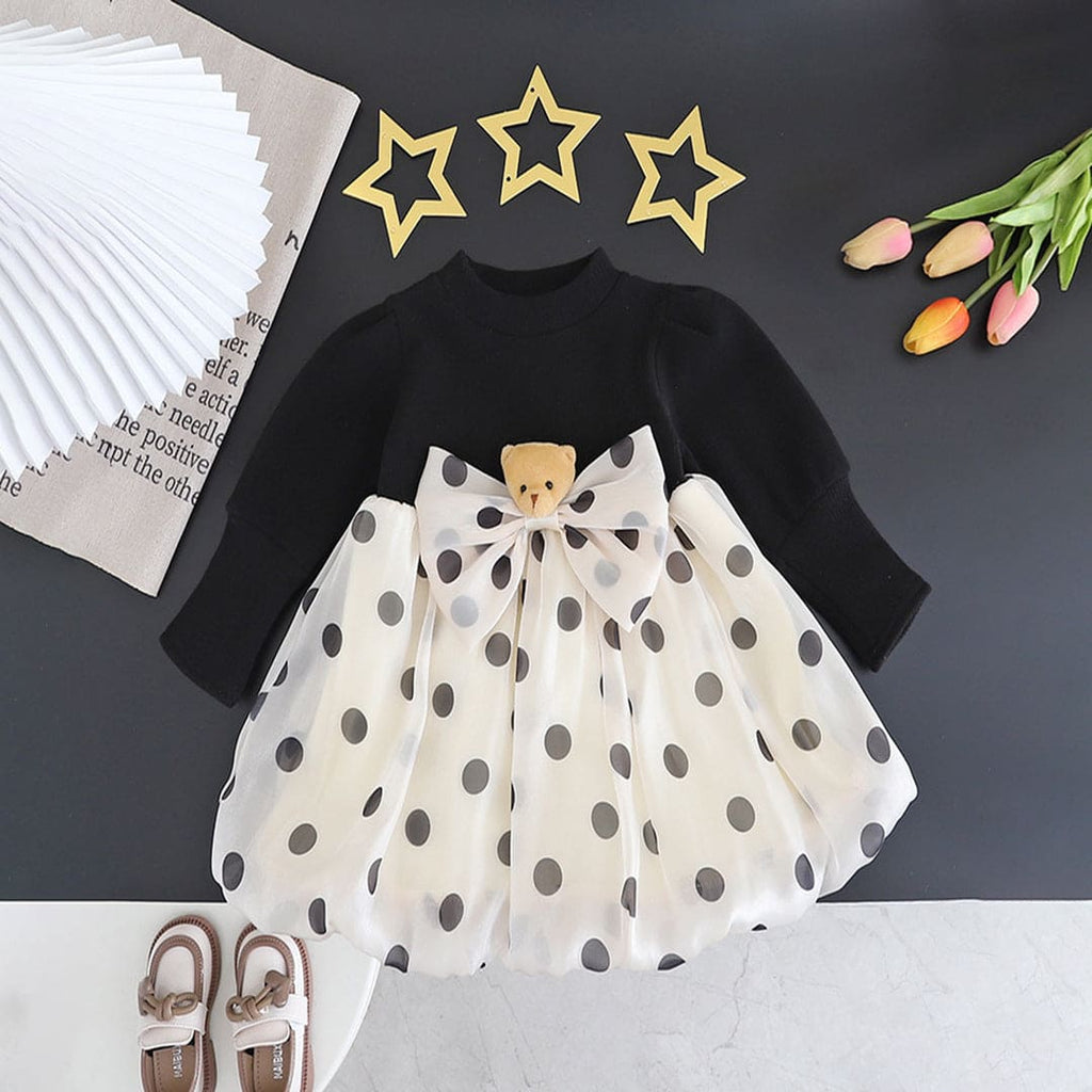 Girls Black Bow Applique Polka Dot Print Fit & Flare Dress Casual Dresses Black 1-2 Y 