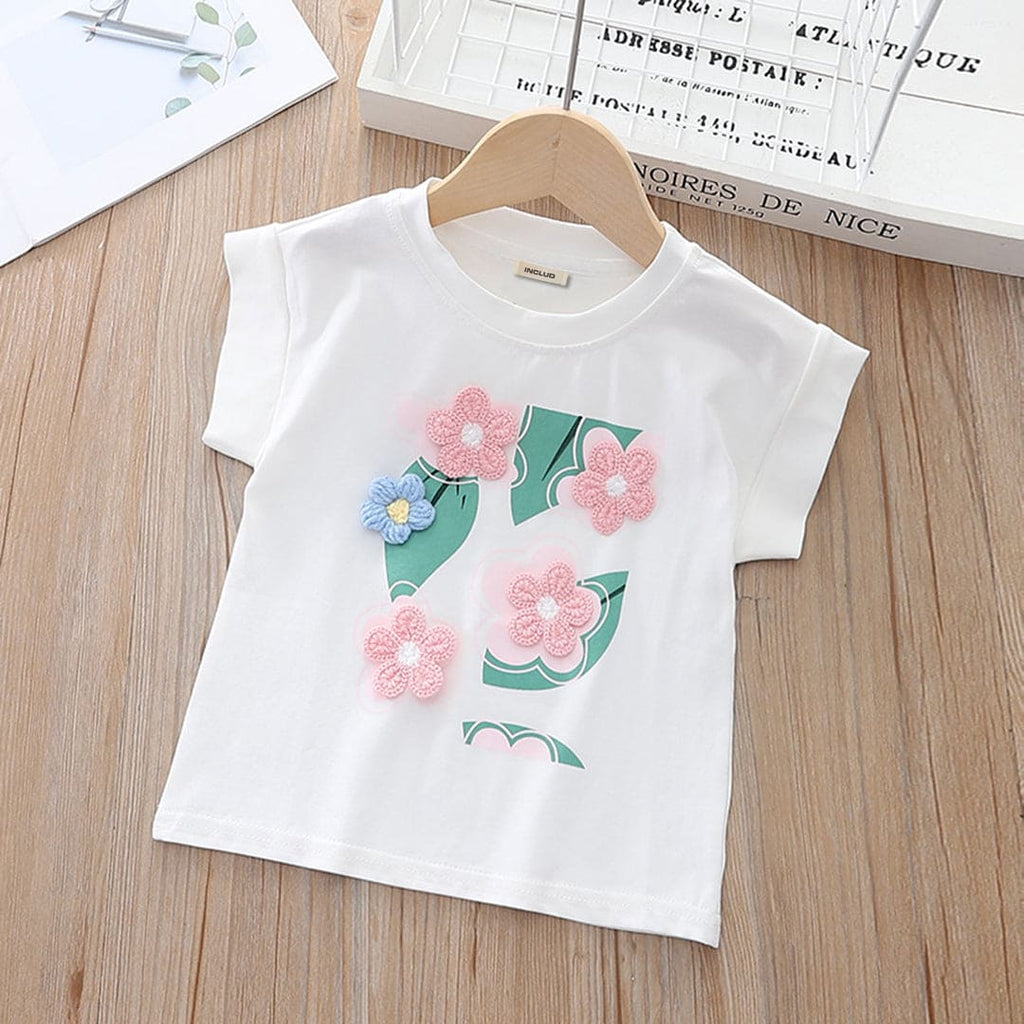 Girls White Floral Embroidered Short Sleeves T-shirt Tshirts White 1-2 Y 