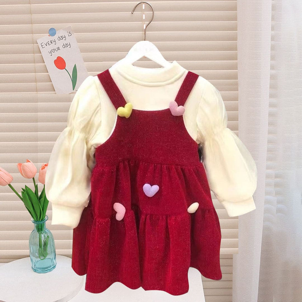 Girls Red Puff Sleeves Winterwear Tiered Dress Casual Dresses Red 1-2 Y 