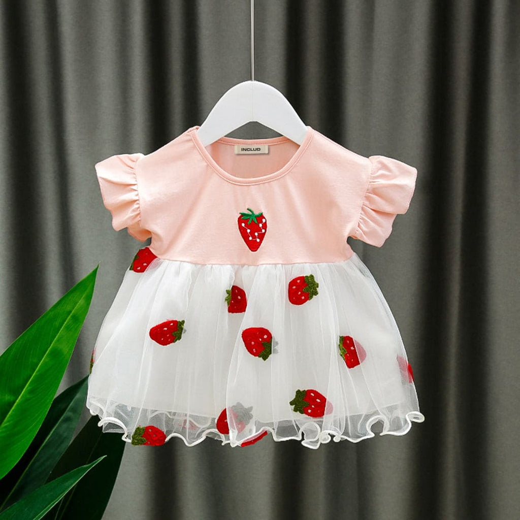 Girls Pink Strawberry Embroidered Flared Sleeves Fit & Flare Dress Casual Dresses Pink 1-2 Y 