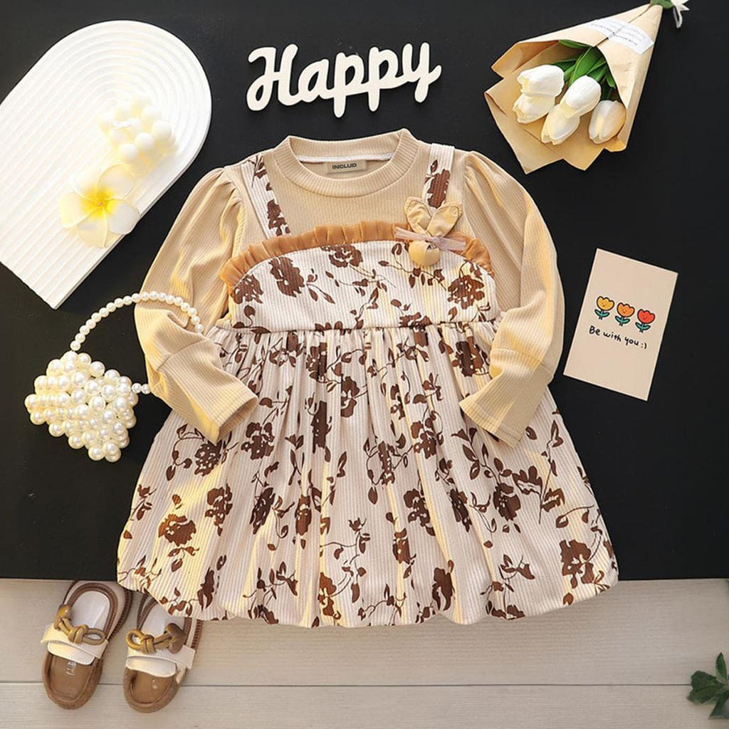 Girls Beige Floral Print Full Sleeves Balloon Dress Casual Dresses Beige 1-2 Y 