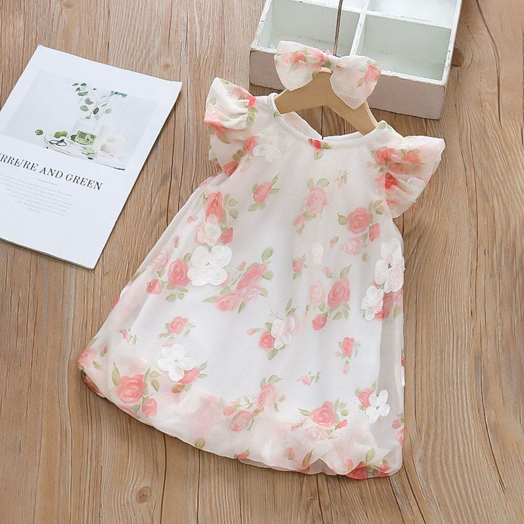 Girls Pink Floral Print Flutter Sleeves Balloon Dress Casual Dresses Pink 1-2 Y 