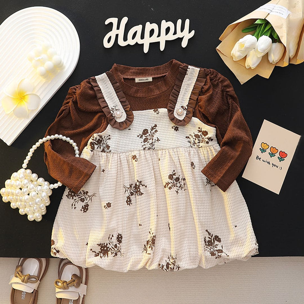 Girls Beige Winterwear Floral Print Balloon Dress Casual Dresses Beige 1-2 Y 