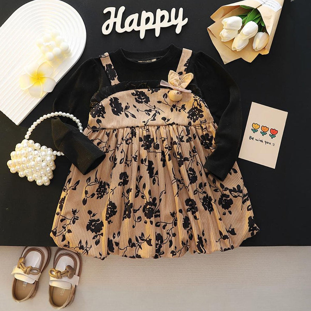 Girls Black Floral Print Winterwear Balloon Dress Casual Dresses Black 1-2 Y 