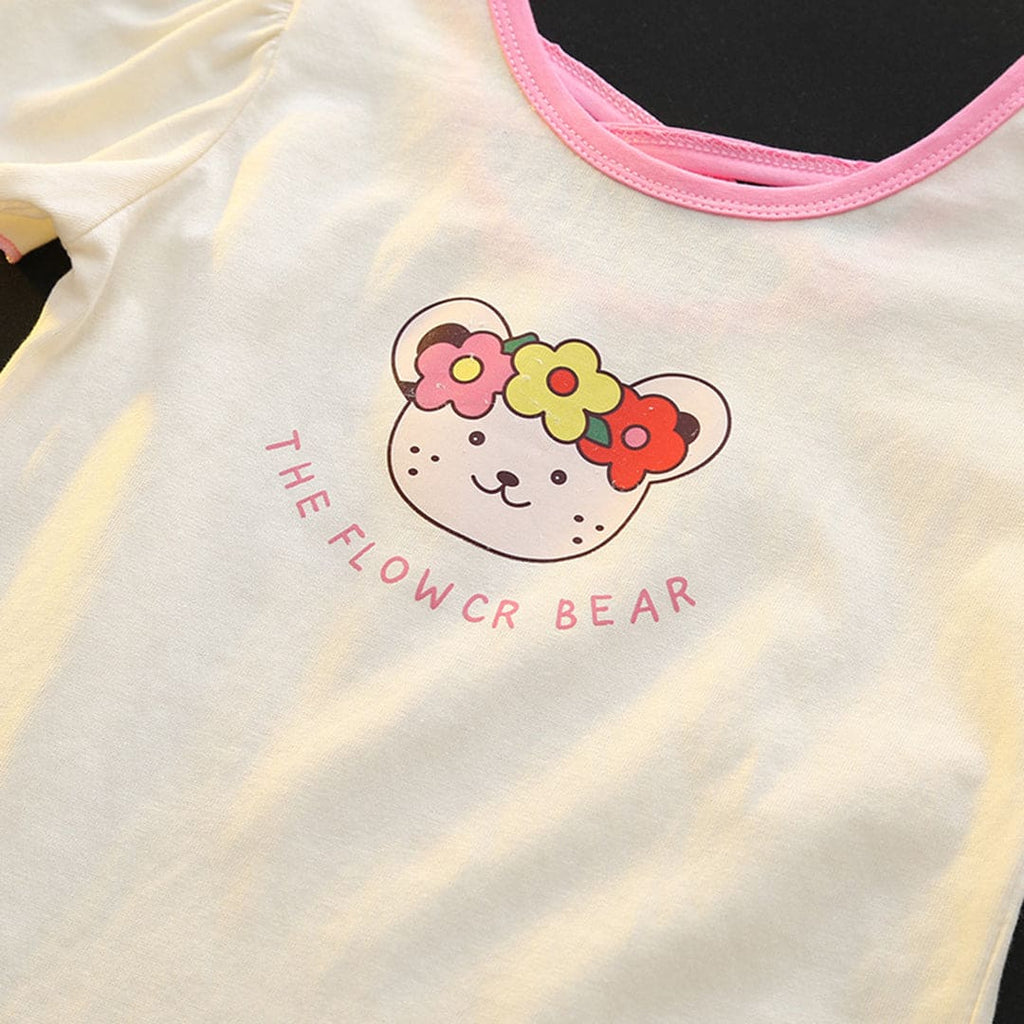 Girls Pink Teddy Print Flared Sleeves T-shirt Tops Pink 1-2 Y 