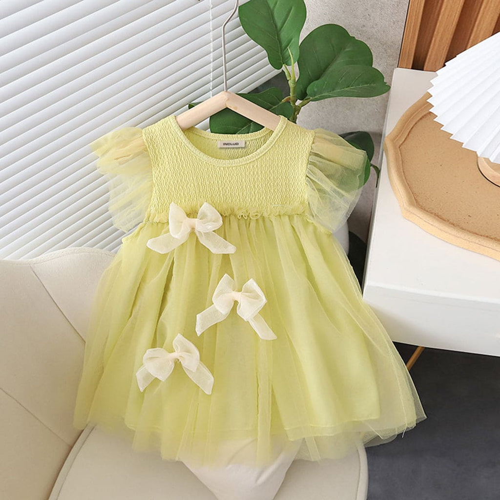 Girls Yellow Texture Bow Applique Fit & Flare Dress Casual Dresses   