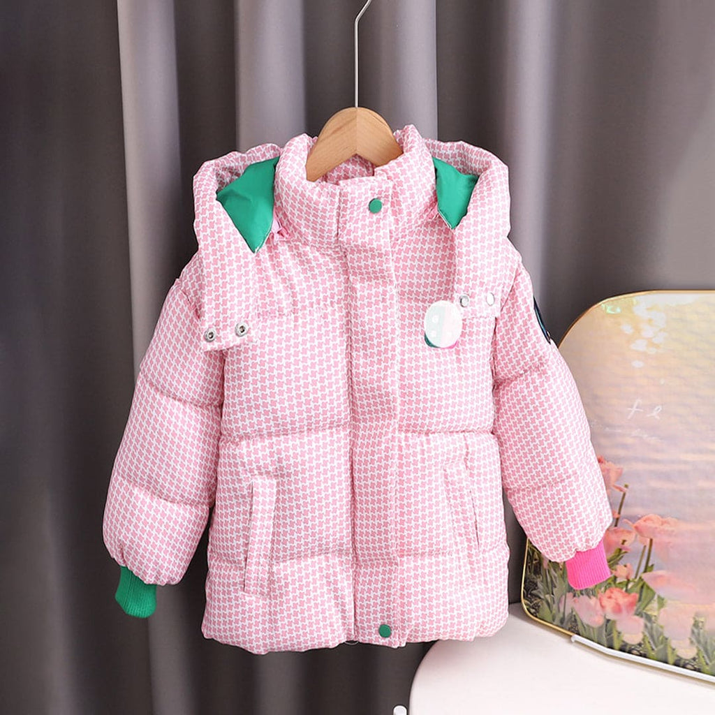 Girls Pink Houndstooth Print Hooded Full Sleeves Quilted Jacket Coats & Jackets Pink 1-2 Y 