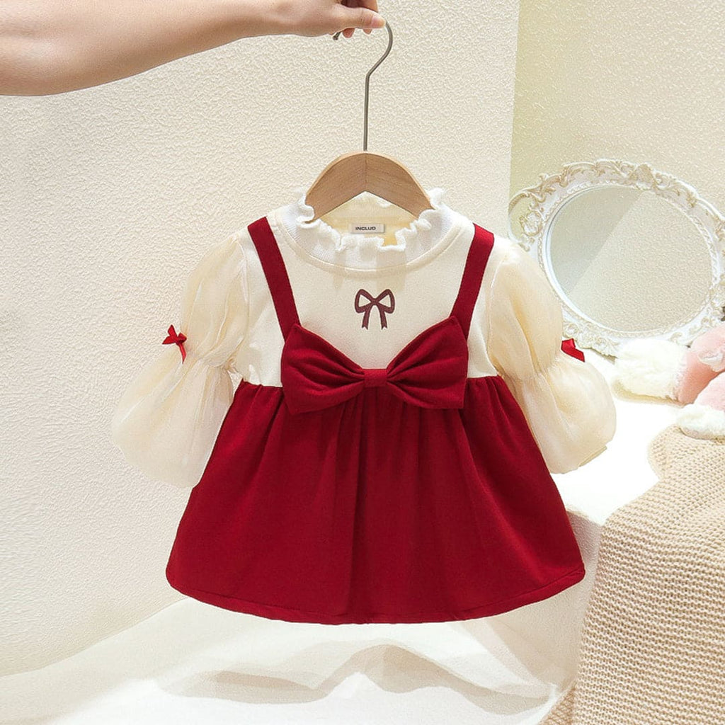 Girls Maroon Bow Puff Sleeves Gathered Dress Casual Dresses Maroon 1-2 Y 