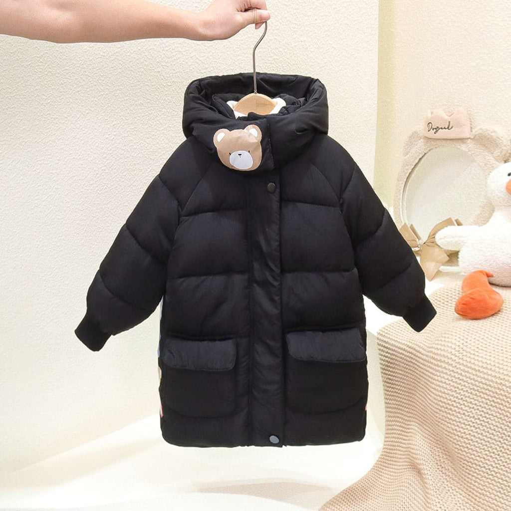 Girls Black Teddy Print Hooded Long Puffer Jacket Coats & Jackets Black 1-2 Y 