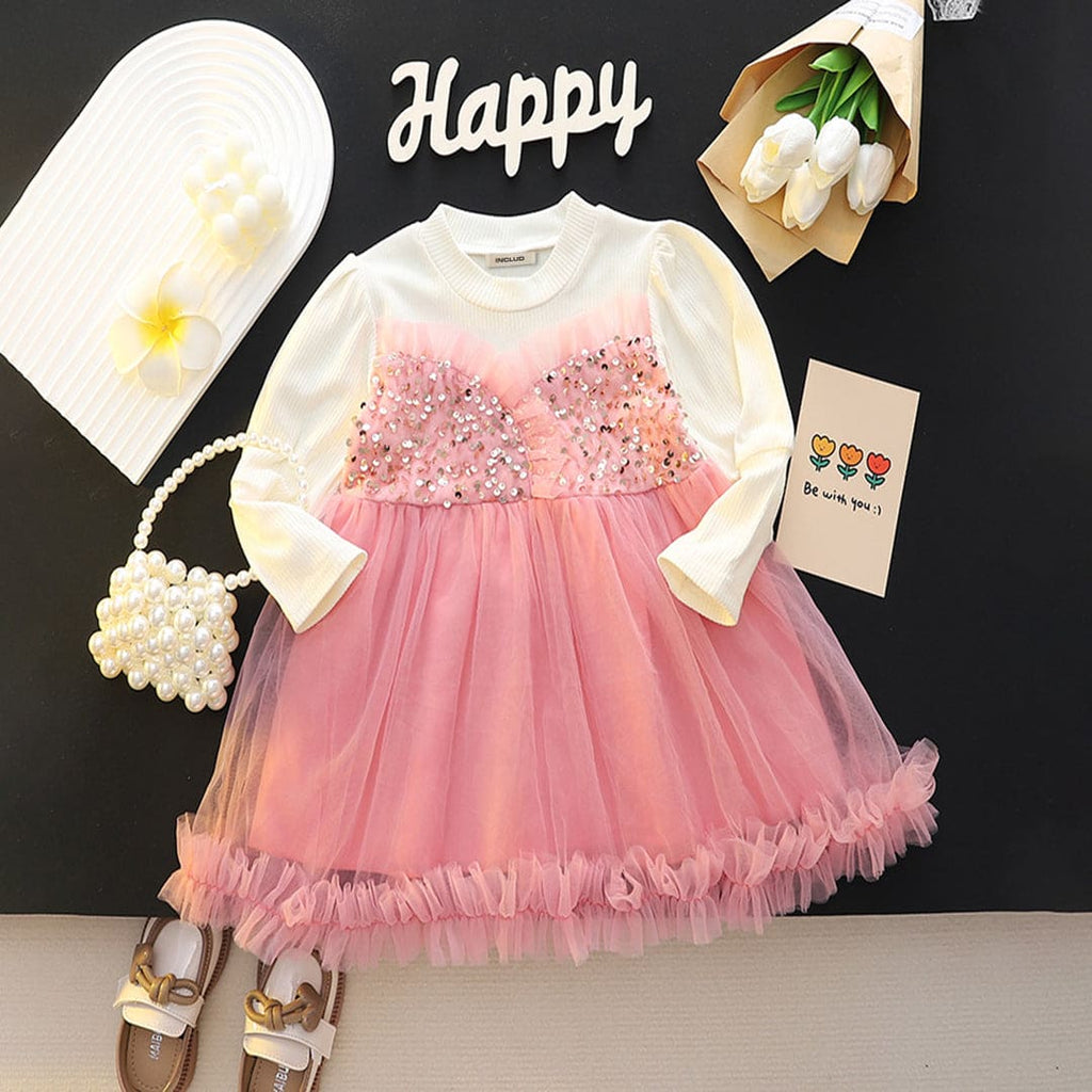 Girls Pink Sequins Embellished Full Sleeves Party Wear Dress Party Dresses Pink 1-2 Y 