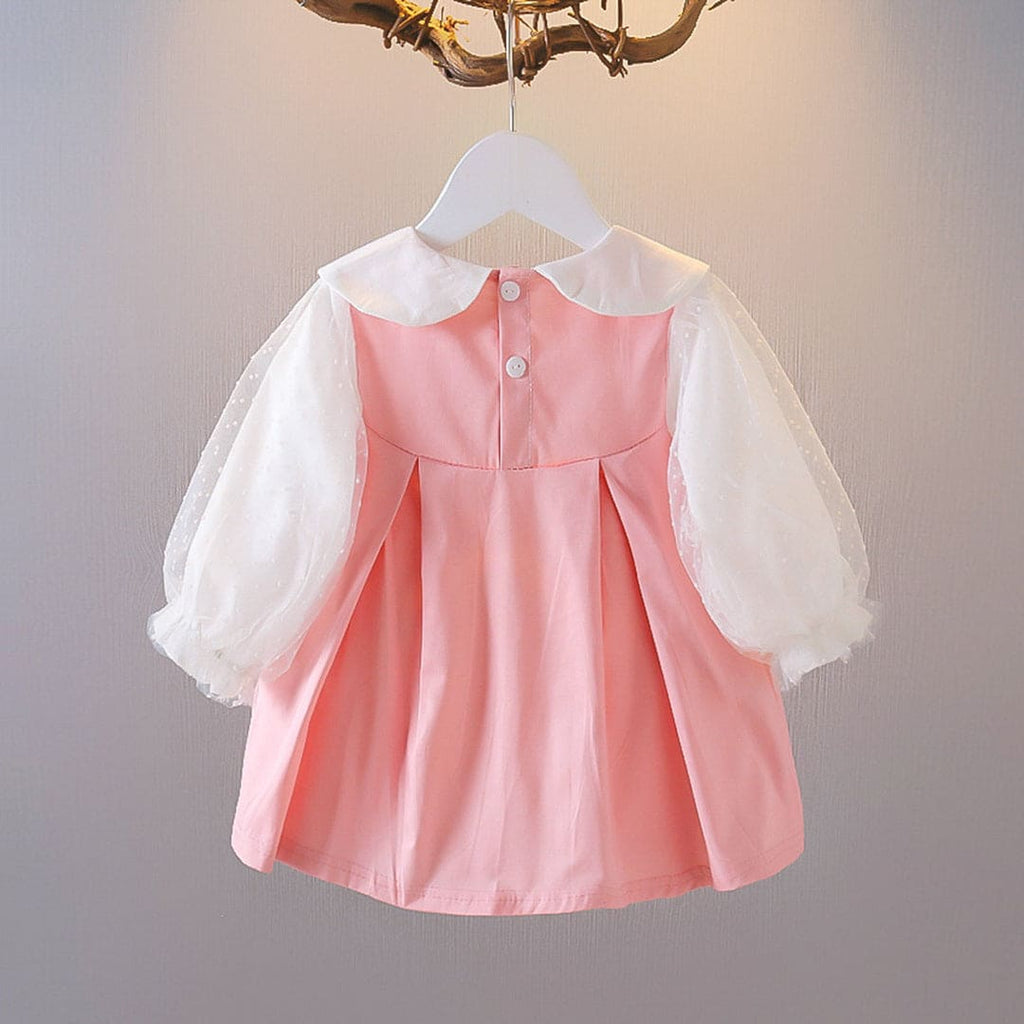 Girls Pink Puff Sleeves Peter Pan Collar Fit & Flare Dress Casual Dresses Pink 1-2 Y 