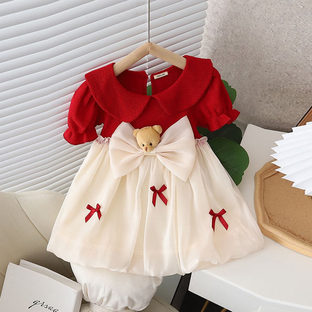 Girls Red Bow Puff Sleeves Balloon Dress Casual Dresses Red 1-2 Y 