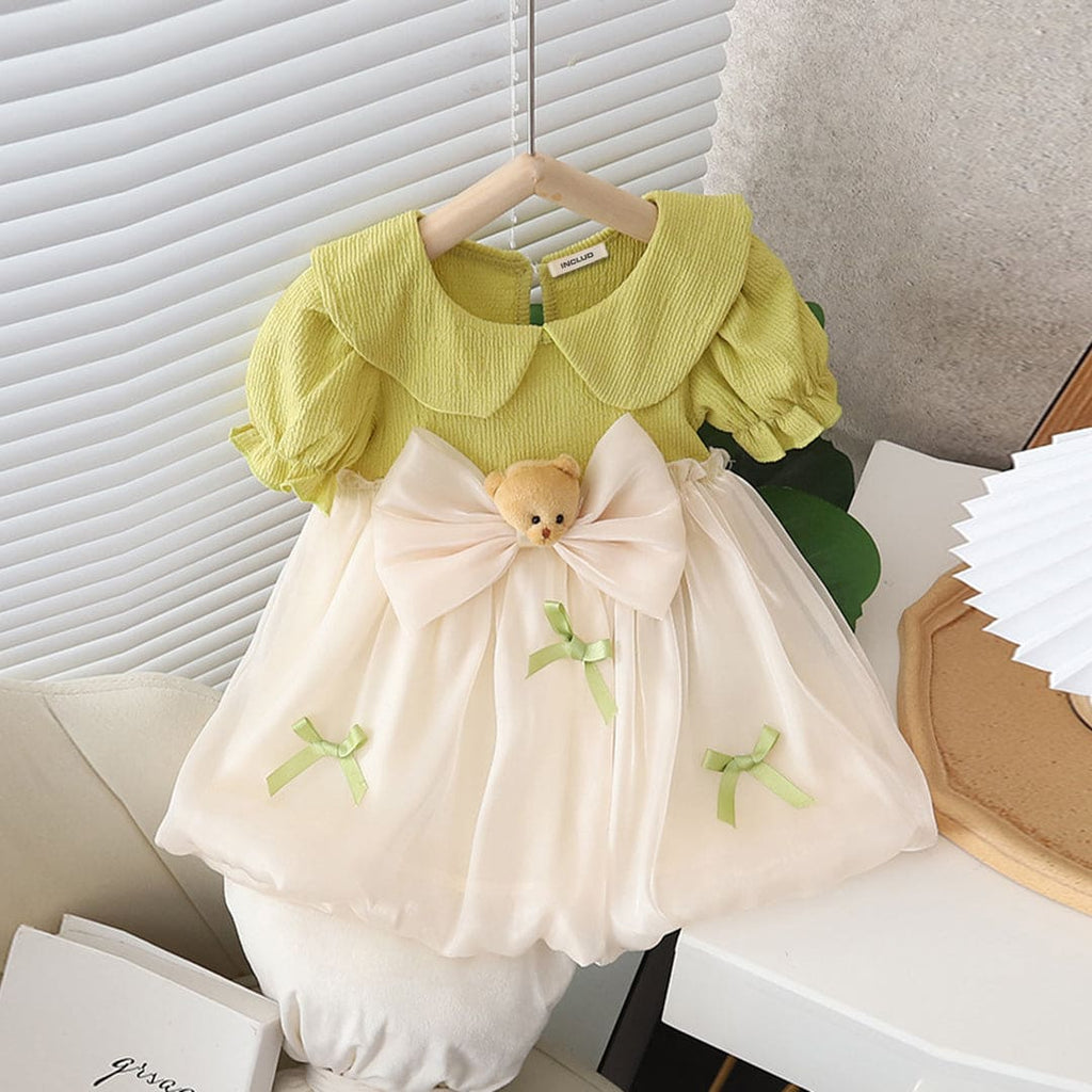 Girls Green Bear Bow Puff Sleeves Balloon Dress Casual Dresses Green 1-2 Y 