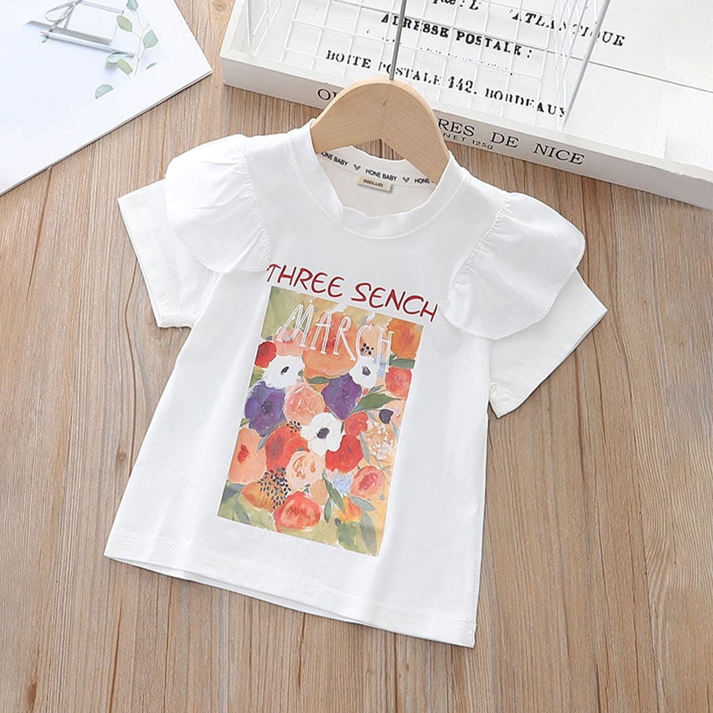 Girls White Printed Shorts Sleeves T-shirt Tshirts White 1-2 Y 