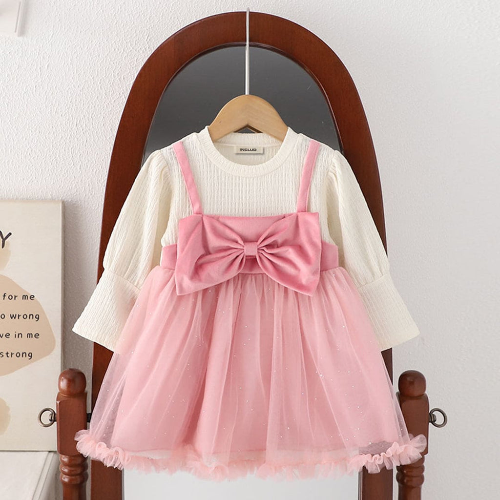 Girls Pink Full Sleeves Front Bow Fit & Flare Dress Casual Dresses Pink 1-2 Y 