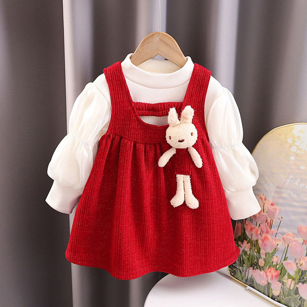 Girls Red Texture Teddy Applique Party Wear Dress Party Dresses Red 1-2 Y 