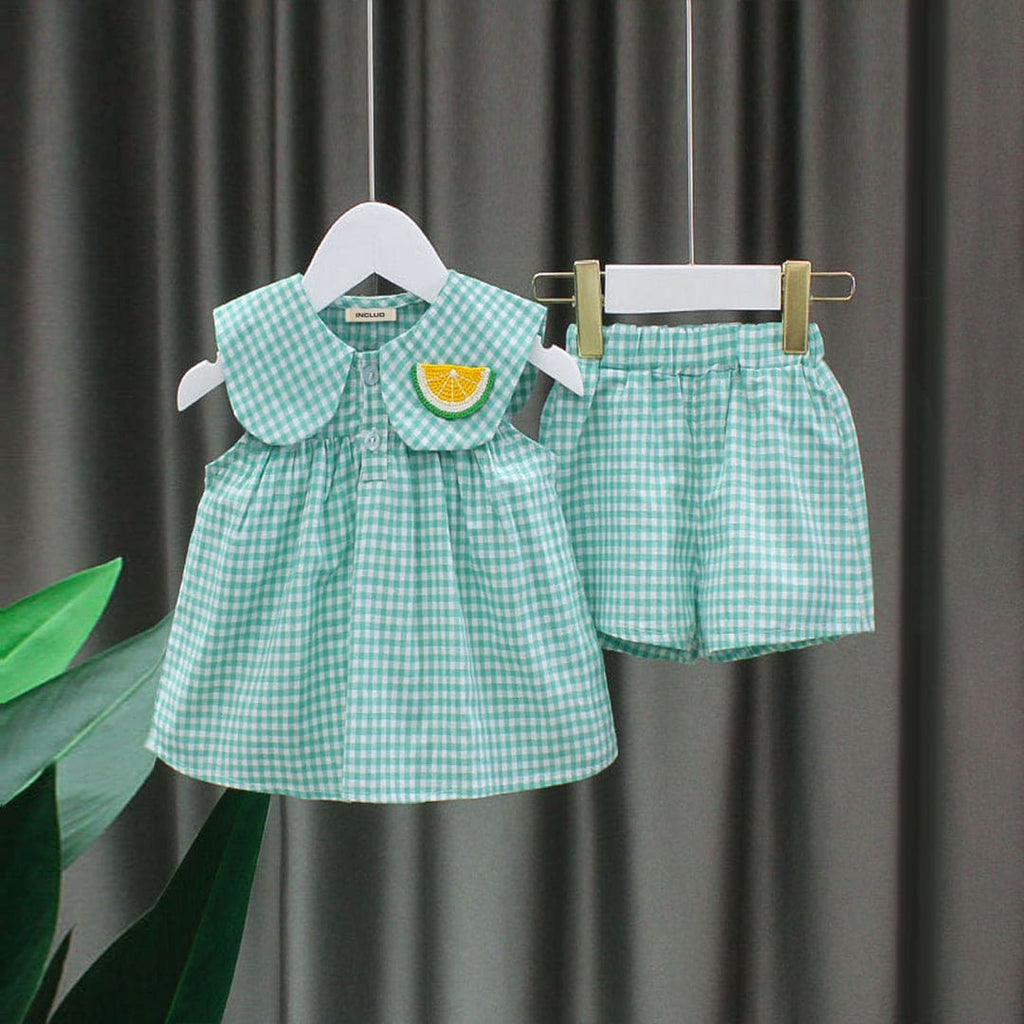 Girls Green Gingham Check Peter Pan Collar Top with Shorts Set Sets Green 1-2 Y 