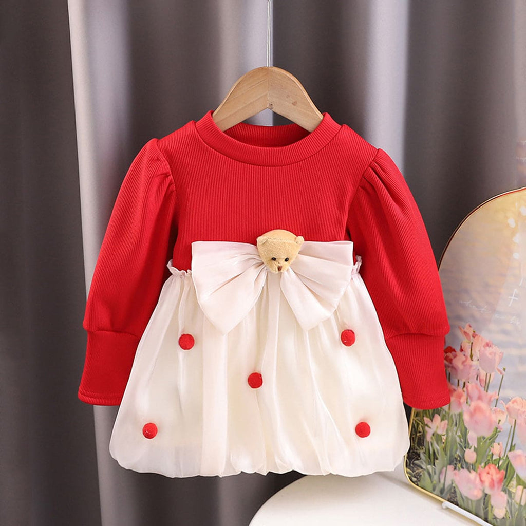 Girls Red Bear Bow Full Sleeves Winterwear Balloon Dress Casual Dresses Red 1-2 Y 