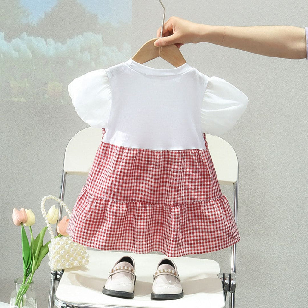 Girls Red Gingham Checked Puff Sleeves Tiered Dress Casual Dresses Red 1-2 Y 