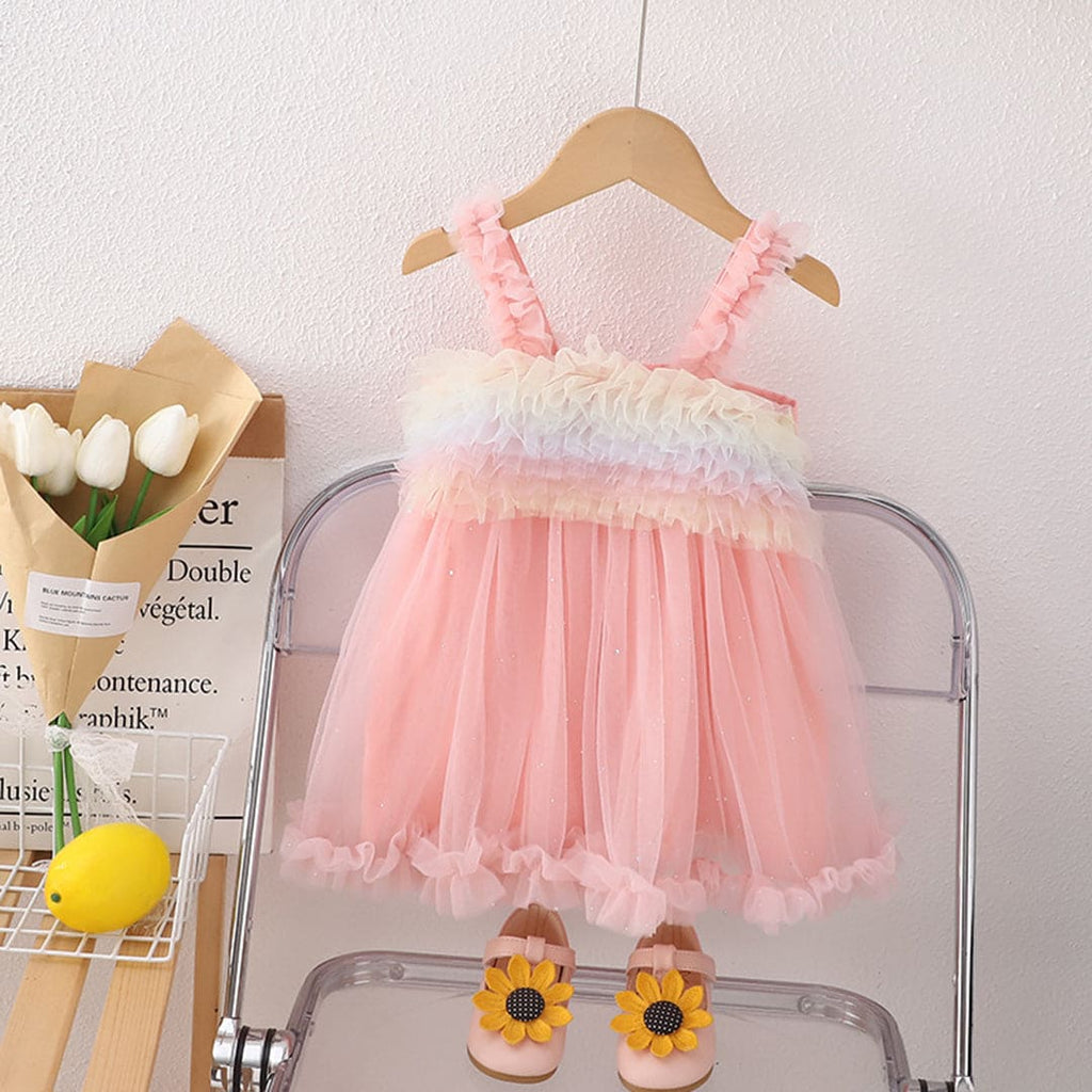 Girls Pink Sleeveless Shoulder Straps Flared Dress Casual Dresses Pink 1-2 Y 