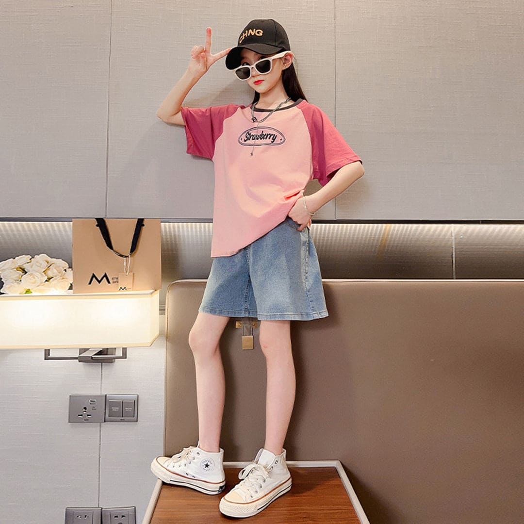 Girls Pink Colorblocked Raglan Sleeves T-shirt Sets