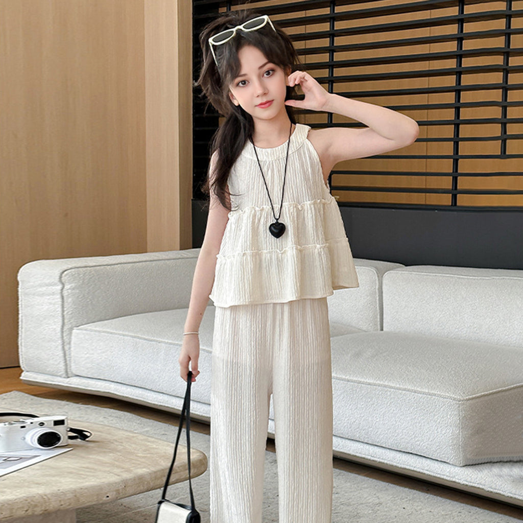 Girls Beige A-line Sleeveless Top With Wide Leg Pants Sets   