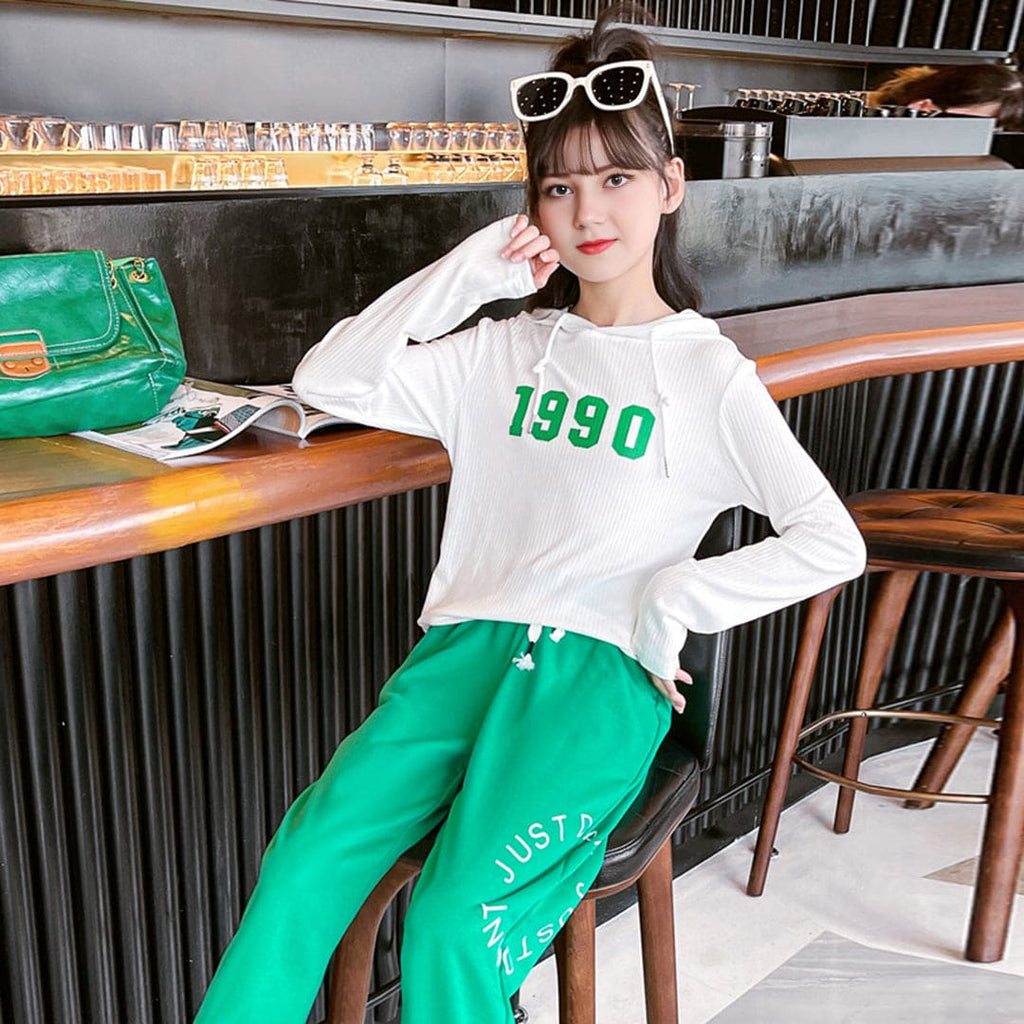 Girls Green Printed Hoodie with Sweatpants Set