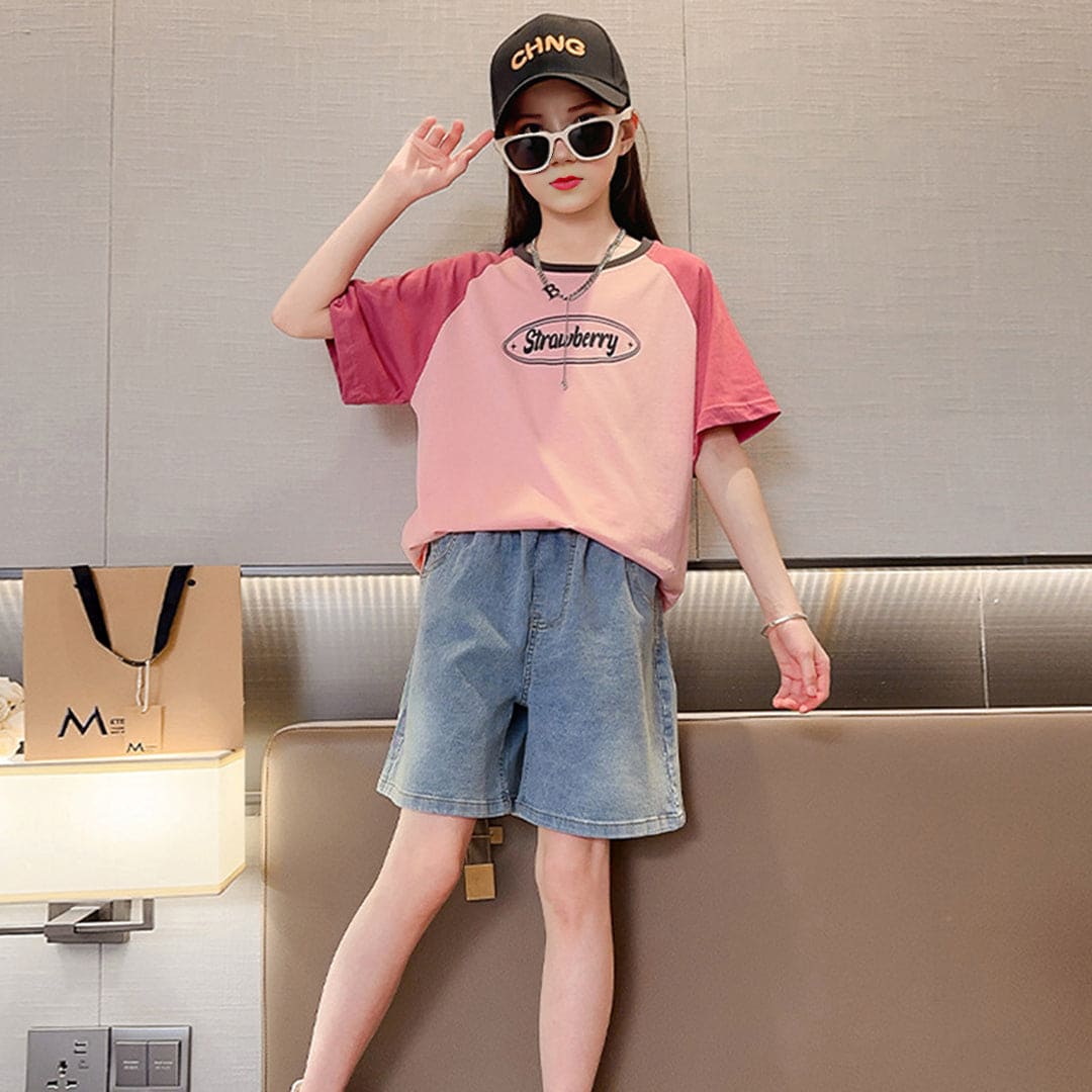 Girls Pink Colorblocked Raglan Sleeves T-shirt Sets