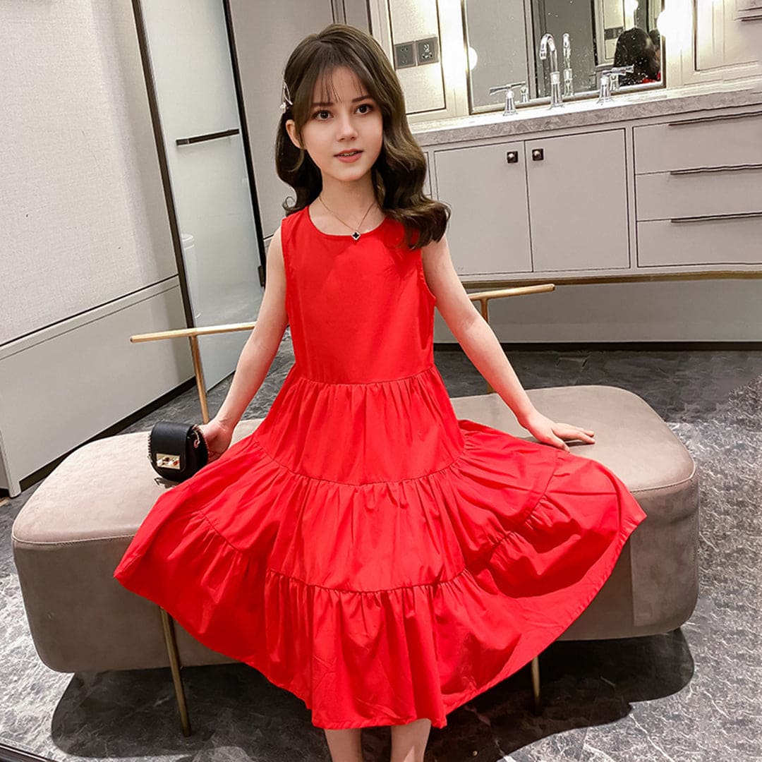 Girls Solid Red Sleeveless Tiered Dress Casual Dresses Red 3-4 Y 