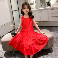 Girls Solid Red Sleeveless Tiered Dress Casual Dresses Red 3-4 Y 