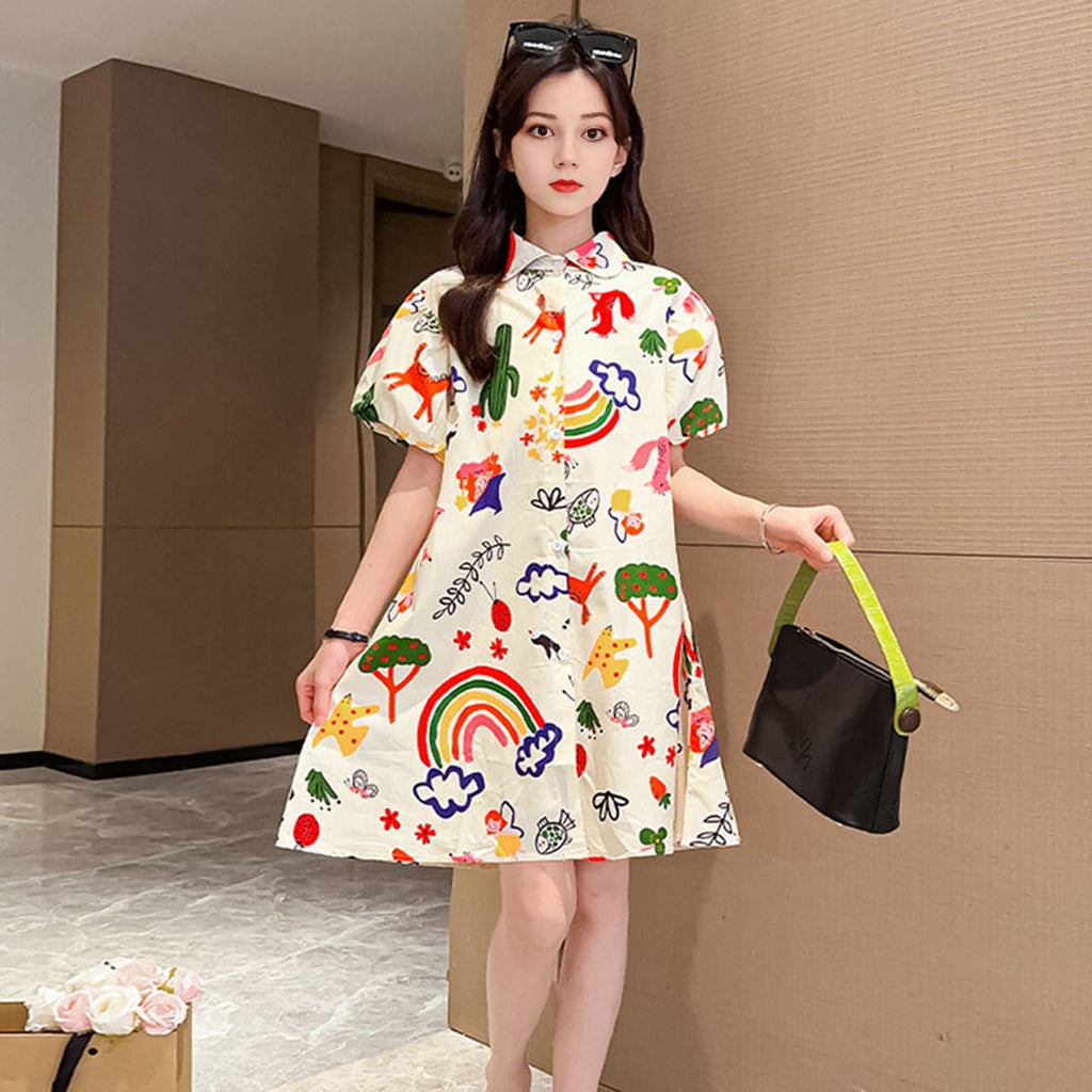 Girls Short Sleeve Printed Shirt Collar Dress Casual Dresses   