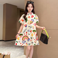 Girls Short Sleeve Printed Shirt Collar Dress Casual Dresses   