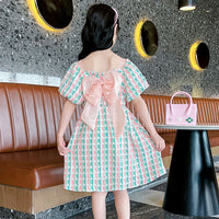 Girls Pink Textured Bow Applique Puff Sleeves Casual Dress Casual Dresses   