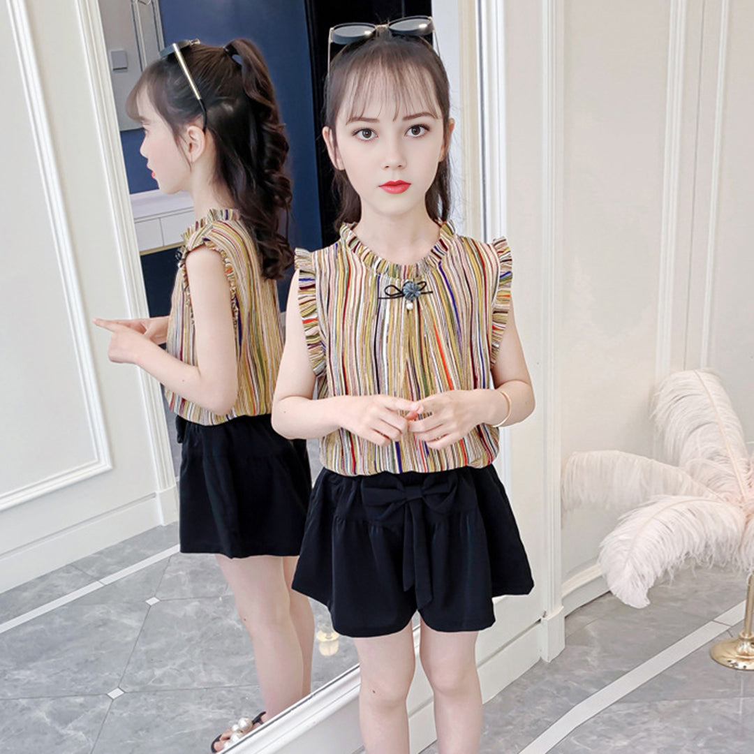 Girls Yellow Striped Top with Shorts Set Sets   