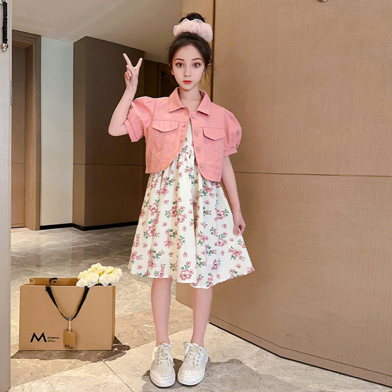 Girls Sleeveless Fit & Flare Dress With Puff Sleeves Denim Jacket INCLUD Girls Sleeveless Fit & Flare Dress With Puff Sleeves Denim Jacket INCLUD