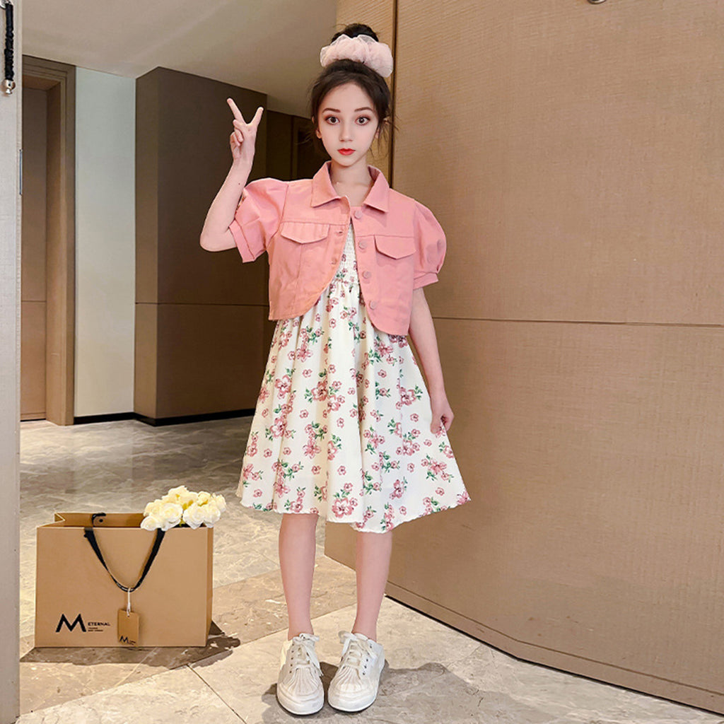 Girls Sleeveless Fit & Flare Dress With Puff Sleeves Denim Jacket