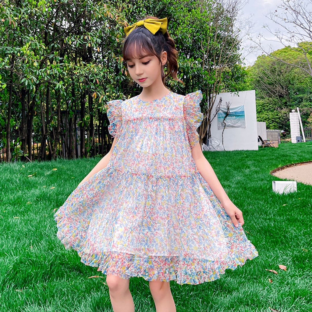 Girls Floral Printed Flared Sleeves Empire Dress Casual Dresses Blue 4-5 Y 