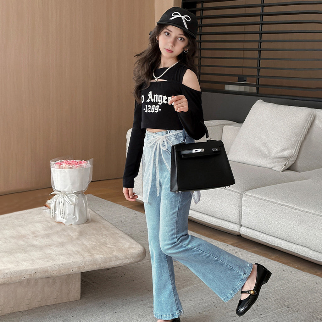 Girls Elasticated Flared Denim Pants Jeans   