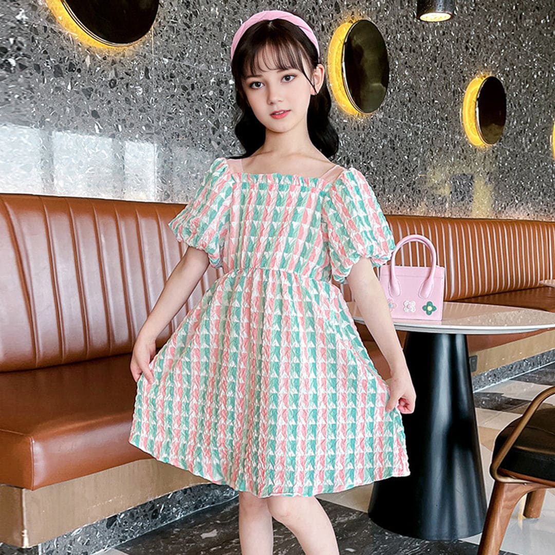 Girls Pink Textured Bow Applique Puff Sleeves Casual Dress Casual Dresses   