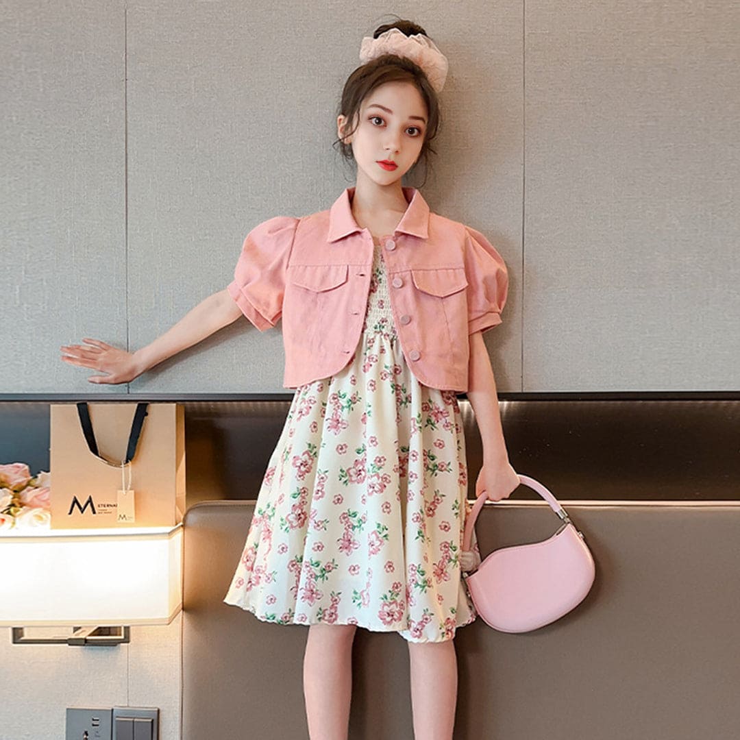 Girls Sleeveless Fit & Flare Dress With Puff Sleeves Denim Jacket Casual Dresses   