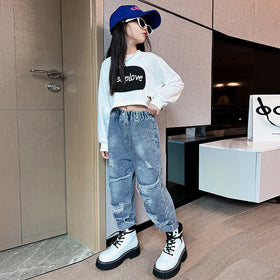 Girls Printed Crop Top with Distressed Denims Set Sets   