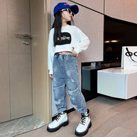 Girls Printed Crop Top with Distressed Denims Set Sets   