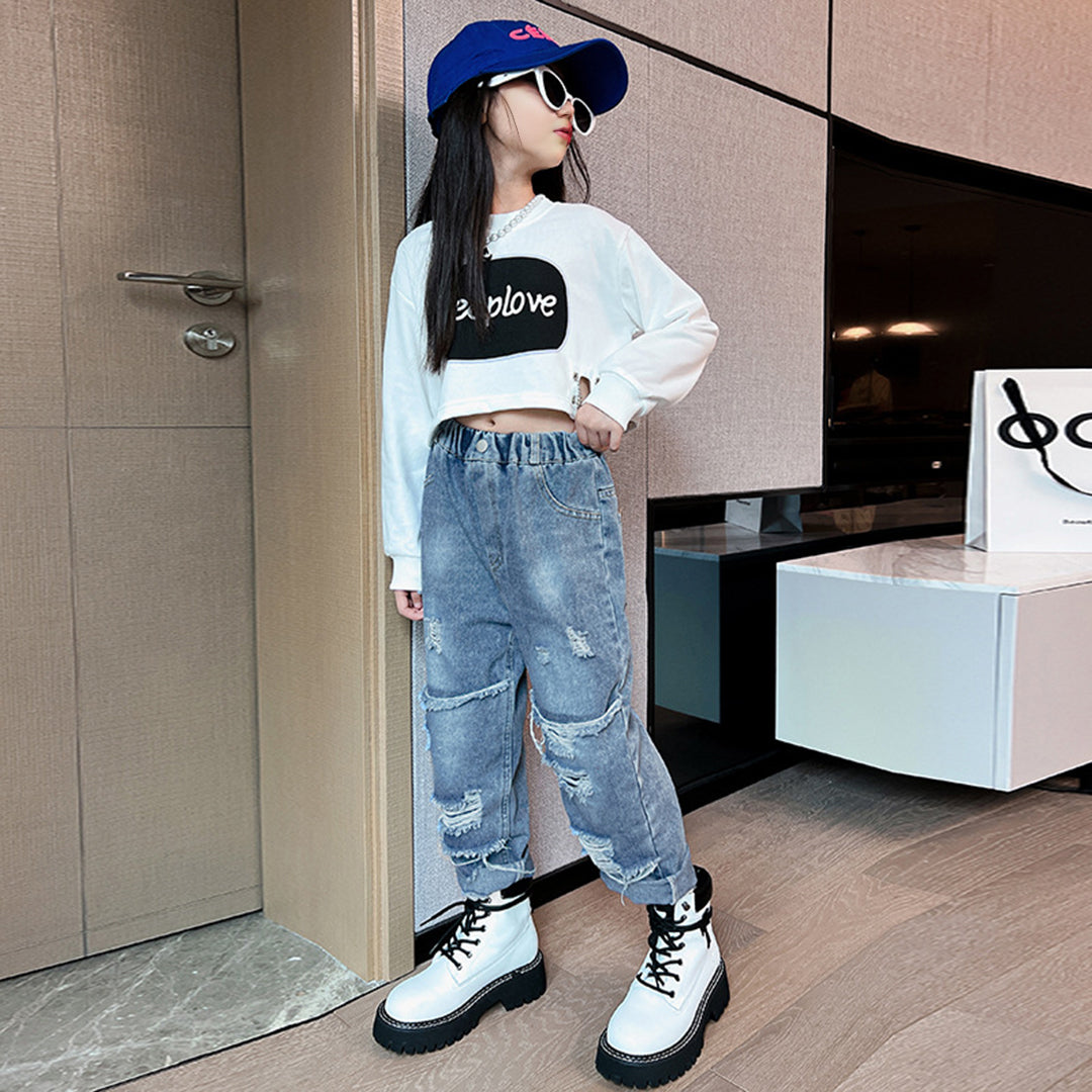 Girls Printed Crop Top with Distressed Denims Set Sets   