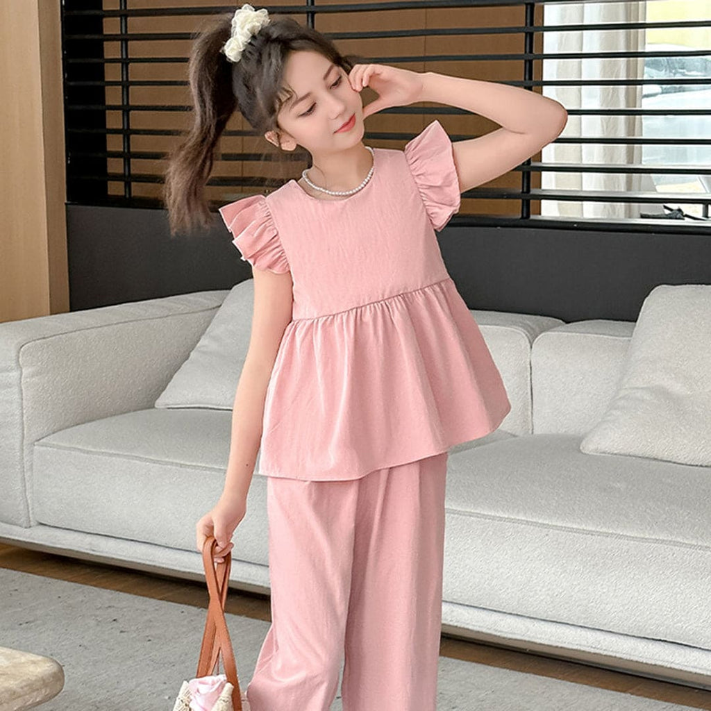 Girls Pink Flared Sleeves Peplum Top with Pants Set