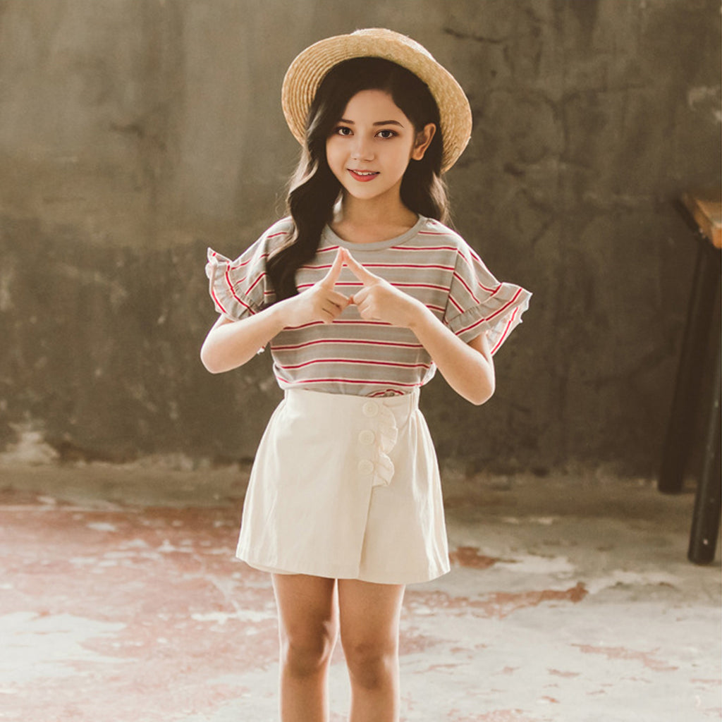 Girls Striped Flared Sleeves Top With Skorts Set