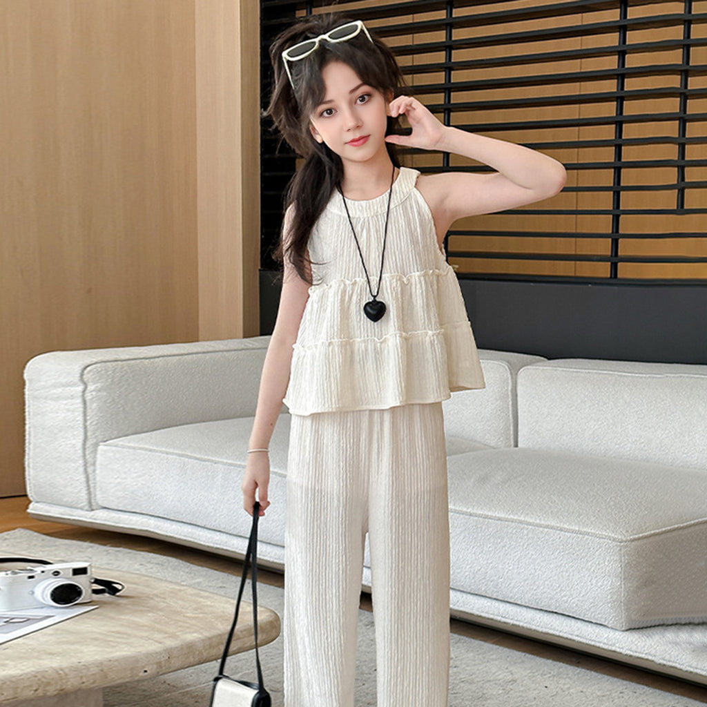 Girls Beige A-line Sleeveless Top With Wide Leg Pants