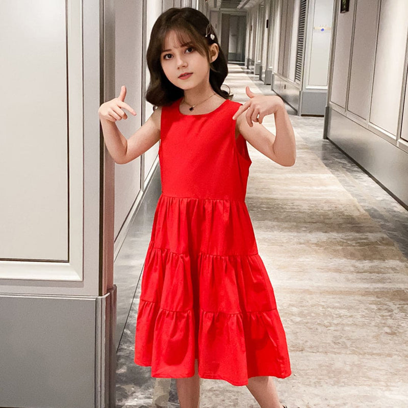 Girls Solid Red Sleeveless Tiered Dress Casual Dresses   