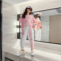 Girls Pink Smiley Print Short Sleeves T-Shirt With Joggers Set Sets   