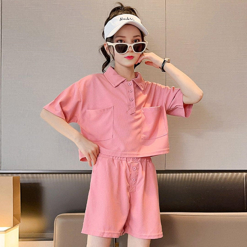 Girls Pink Knitted Polo Crop T-shirt with Shorts Set