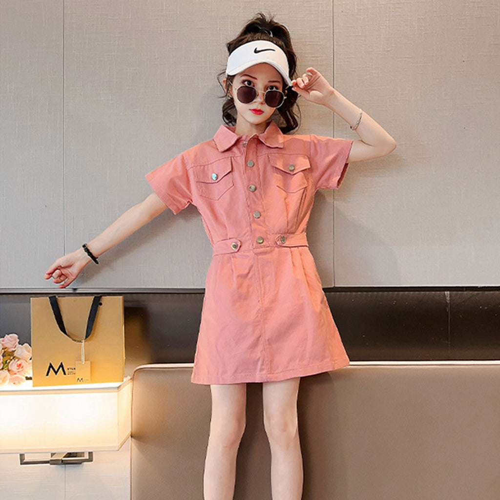 Girls Pink Short Sleeve Shirt Collar Dress Casual Dresses   